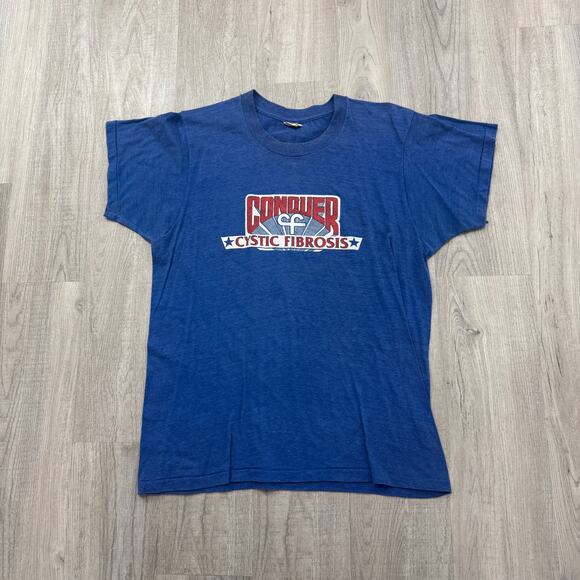 Vintage Conquer Cystic Fibrosis Shirt Men's Large Blue 80s Single Stitch USA - Picture 1 of 8